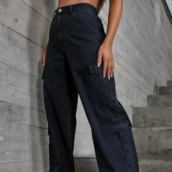 Black Casual Womens Zipper Fly Flap Pocket Boyfriend Jeans - Picture 4 of 5